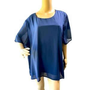 NWT Tamsy Navy Blue Sheer Fabric Loose Fit Round Neck Womens Blouse Size 3X